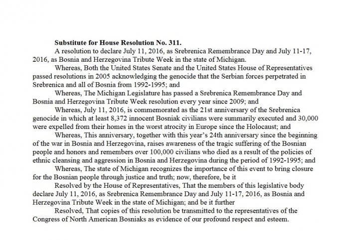 Zastupnički dom države Michigan usvojio Rezoluciju: Od 11. – 17. jula - Sedmica sedmica počasti žrtvama genocida i državi BiH