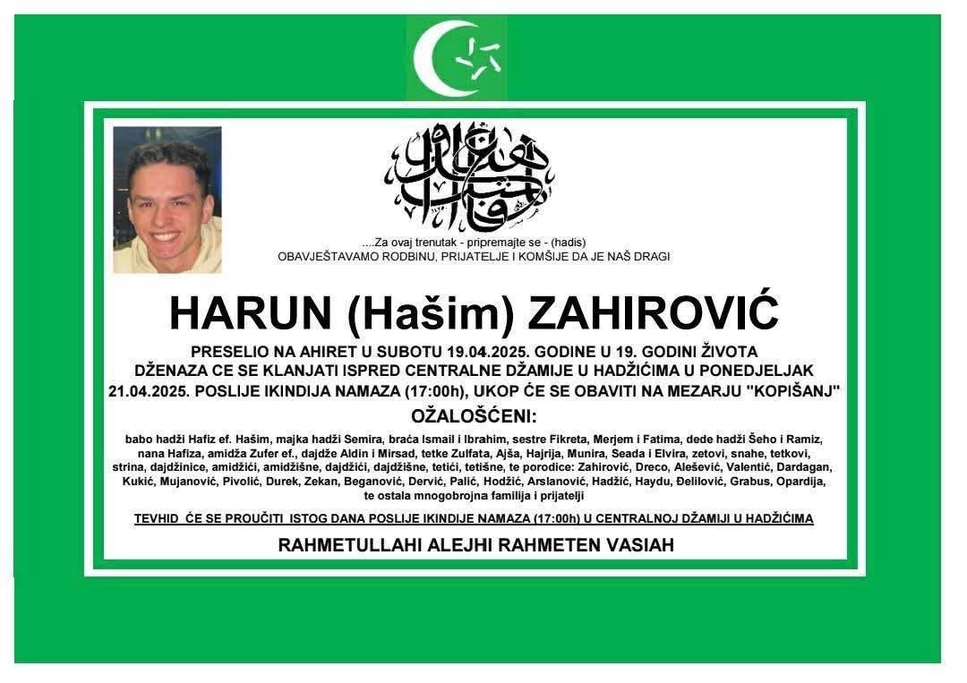 DAN ŽALOSTI U HADŽIĆIMA ZBOG SMRTI 19-GODIŠNJEG MLADIĆA HARUNA ZAHIROVIĆA