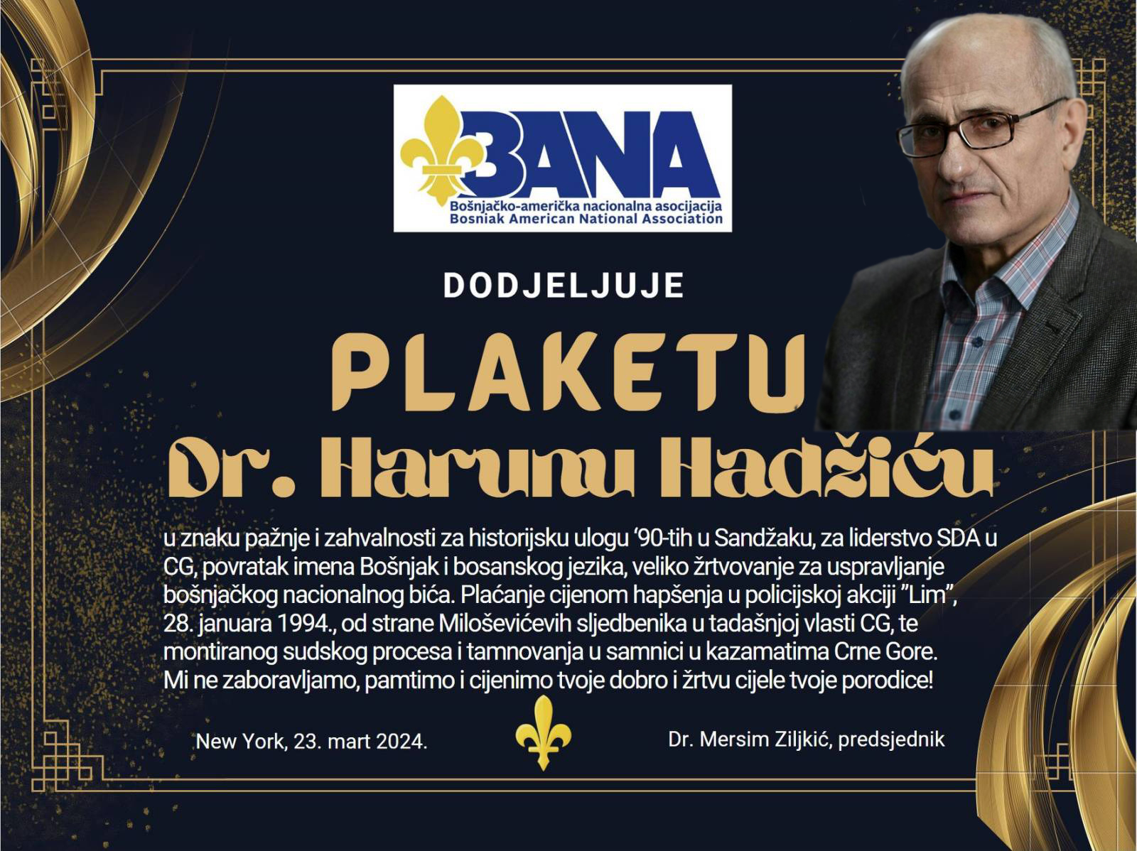 BANA DODIJELILA PLAKETU DR. HARUNU HADŽIĆU